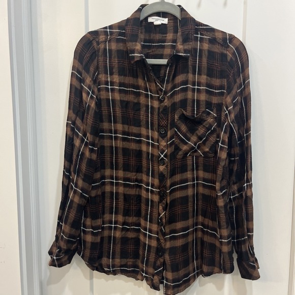 Beach Lunch Lounge Tops - Beach Lunch Lounge‎ Women's Button Down Shirt Brushed Flannel Brown Size Large